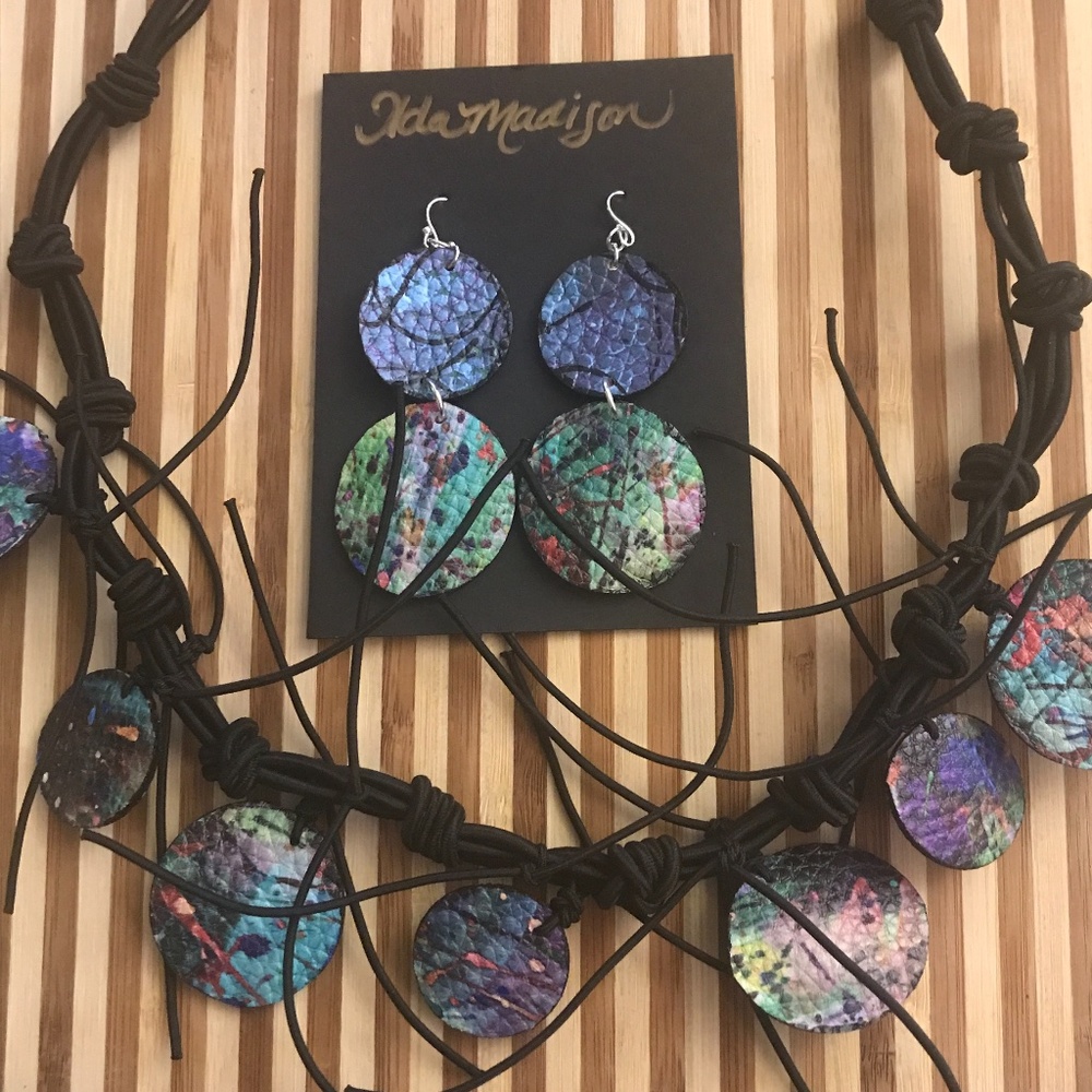 Hand-painted REVERSIBLE leather necklace SOLD